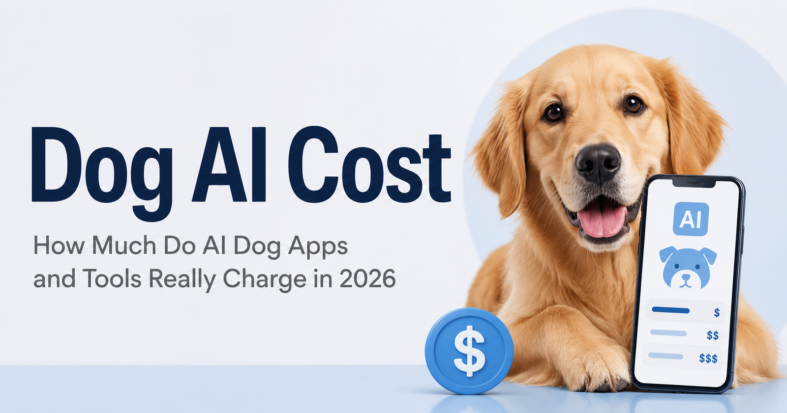 Golden retriever beside a smartphone showing an AI dog app and pricing options