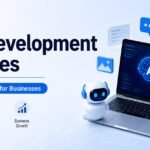 AI development services illustration with a laptop displaying an AI interface and a robotic assistant