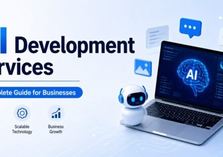 AI development services illustration with a laptop displaying an AI interface and a robotic assistant