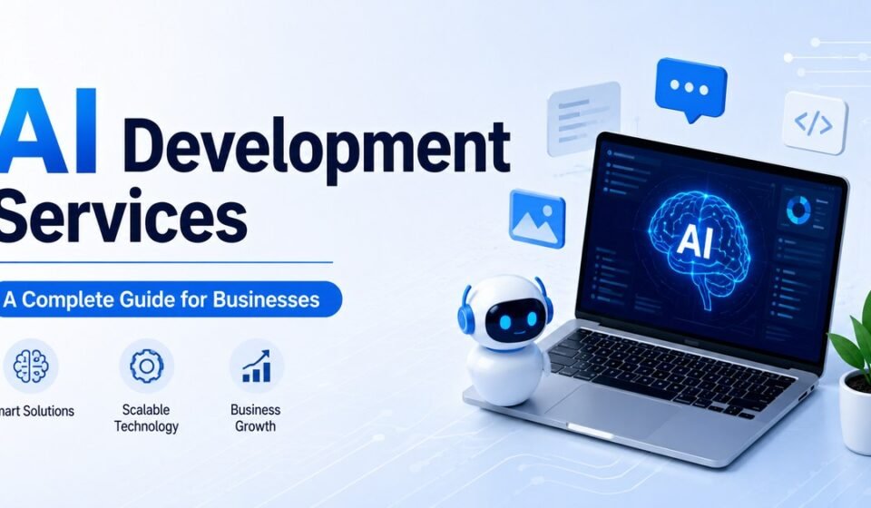 AI development services illustration with a laptop displaying an AI interface and a robotic assistant