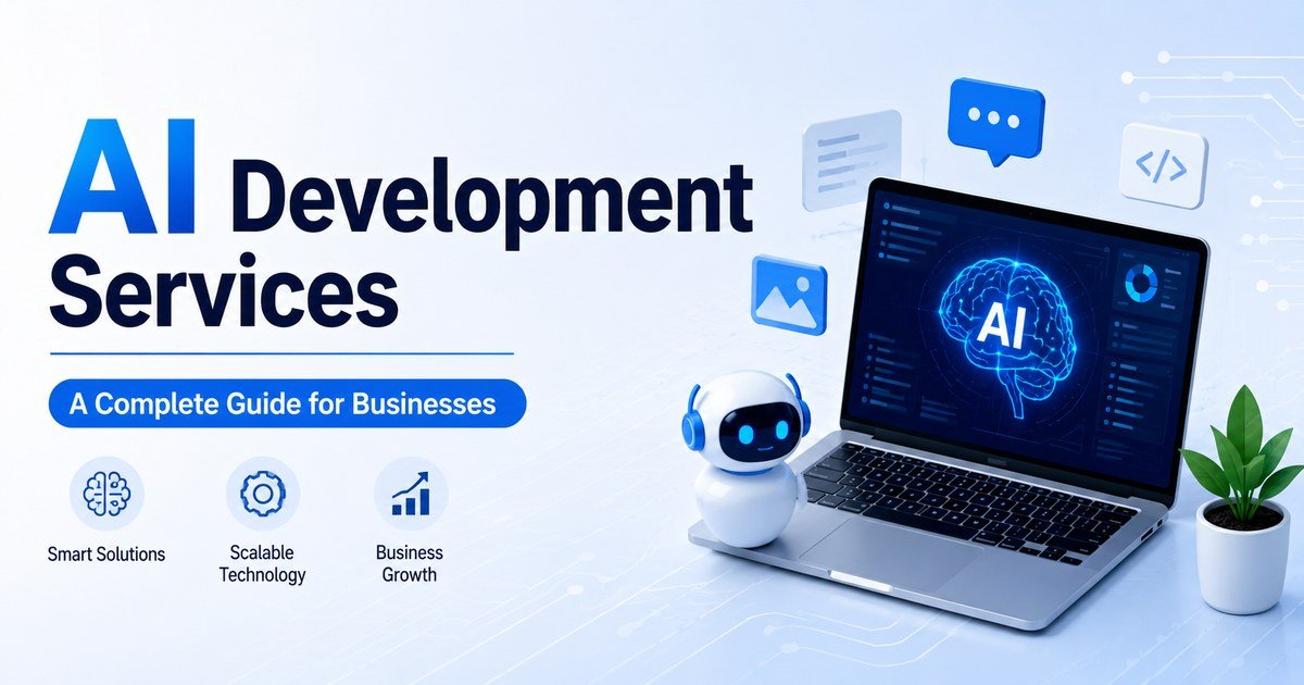 AI development services illustration with a laptop displaying an AI interface and a robotic assistant