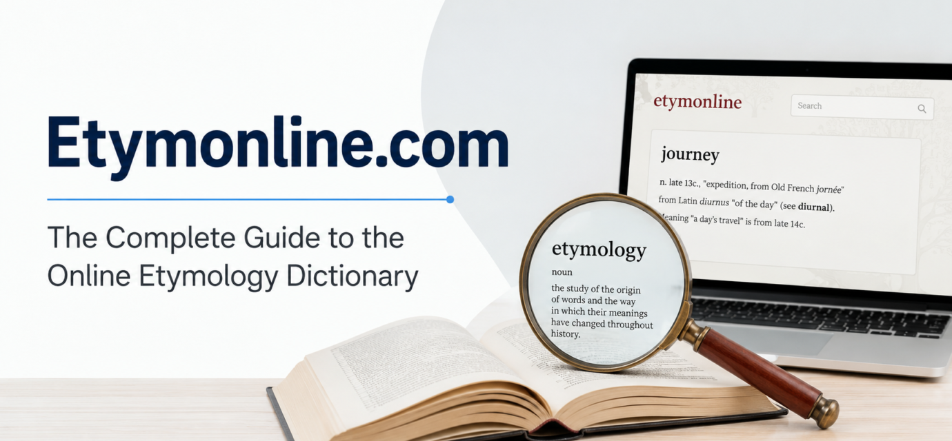 Minimal featured image showing Etymonline.com with an online etymology dictionary, open book, and magnifying glass.