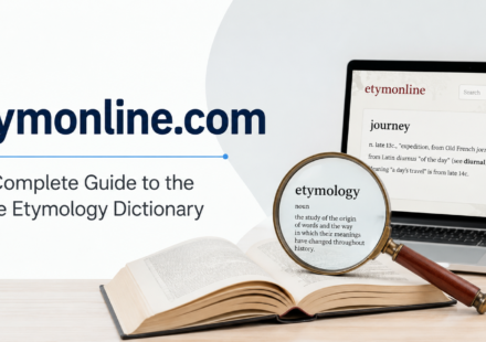 Minimal featured image showing Etymonline.com with an online etymology dictionary, open book, and magnifying glass.