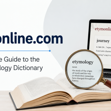 Minimal featured image showing Etymonline.com with an online etymology dictionary, open book, and magnifying glass.