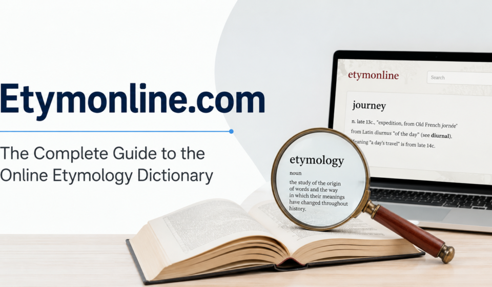 Minimal featured image showing Etymonline.com with an online etymology dictionary, open book, and magnifying glass.