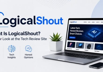 LogicalShout tech review site shown on a laptop with technology review elements