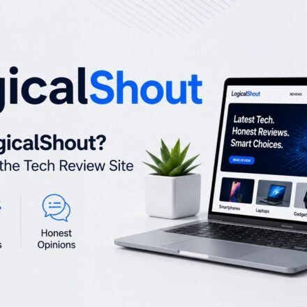 LogicalShout tech review site shown on a laptop with technology review elements