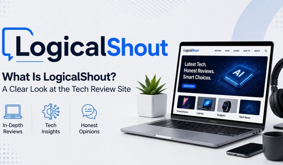 LogicalShout tech review site shown on a laptop with technology review elements