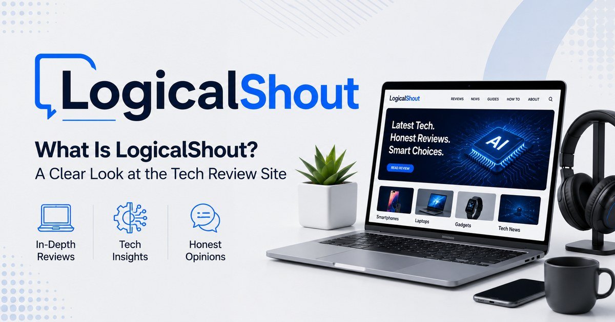 LogicalShout tech review site shown on a laptop with technology review elements