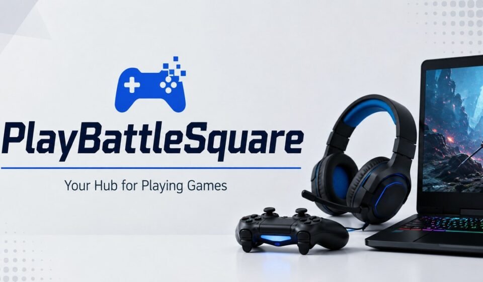 PlayBattleSquare gaming blog featured image with a game controller, headset, and gaming laptop