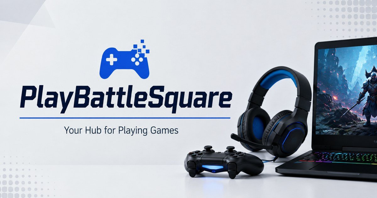 PlayBattleSquare gaming blog featured image with a game controller, headset, and gaming laptop