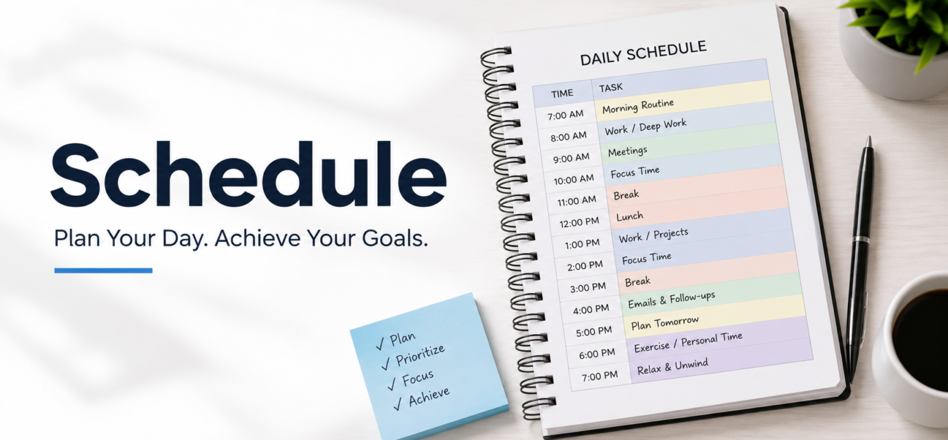 A clean daily schedule planner with time blocks and a simple task checklist.