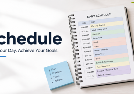 A clean daily schedule planner with time blocks and a simple task checklist.
