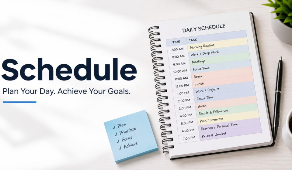 A clean daily schedule planner with time blocks and a simple task checklist.